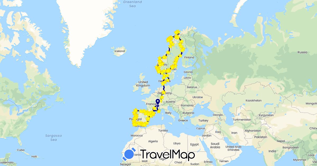TravelMap itinerary: driving, bus, cycling, train, hiking, boat in Andorra, Germany, Denmark, Spain, France, Norway, Portugal, Sweden (Europe)